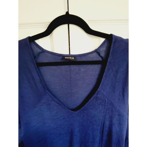 Torrid 1 Sweater Dress V-Neck Cold‎ Shoulder Tie L/S Blue 1X A-Line Elastic Wrst - Picture 3 of 8